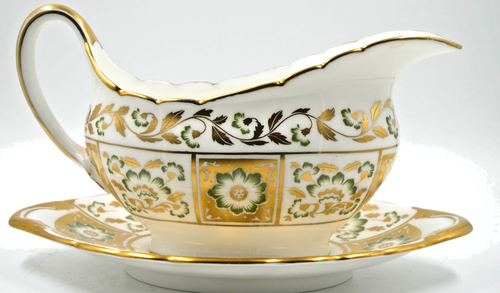BEAUTIFUL ROYAL CROWN DERBY GREEN PANEL GRAVY BOAT JUG & STAND 1ST QTY UNUSED