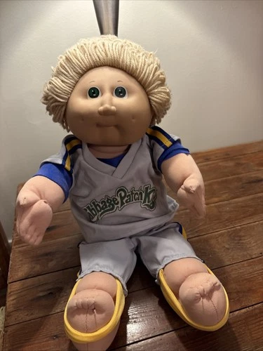 Vintage Cabbage Patch Kid Doll Blond Hair, Green Eyes, Dimples & baseball Outfit