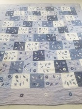 Vintage Feed Sack Beautiful Block Pattern Embroided Flower Quilt 107x94 inch