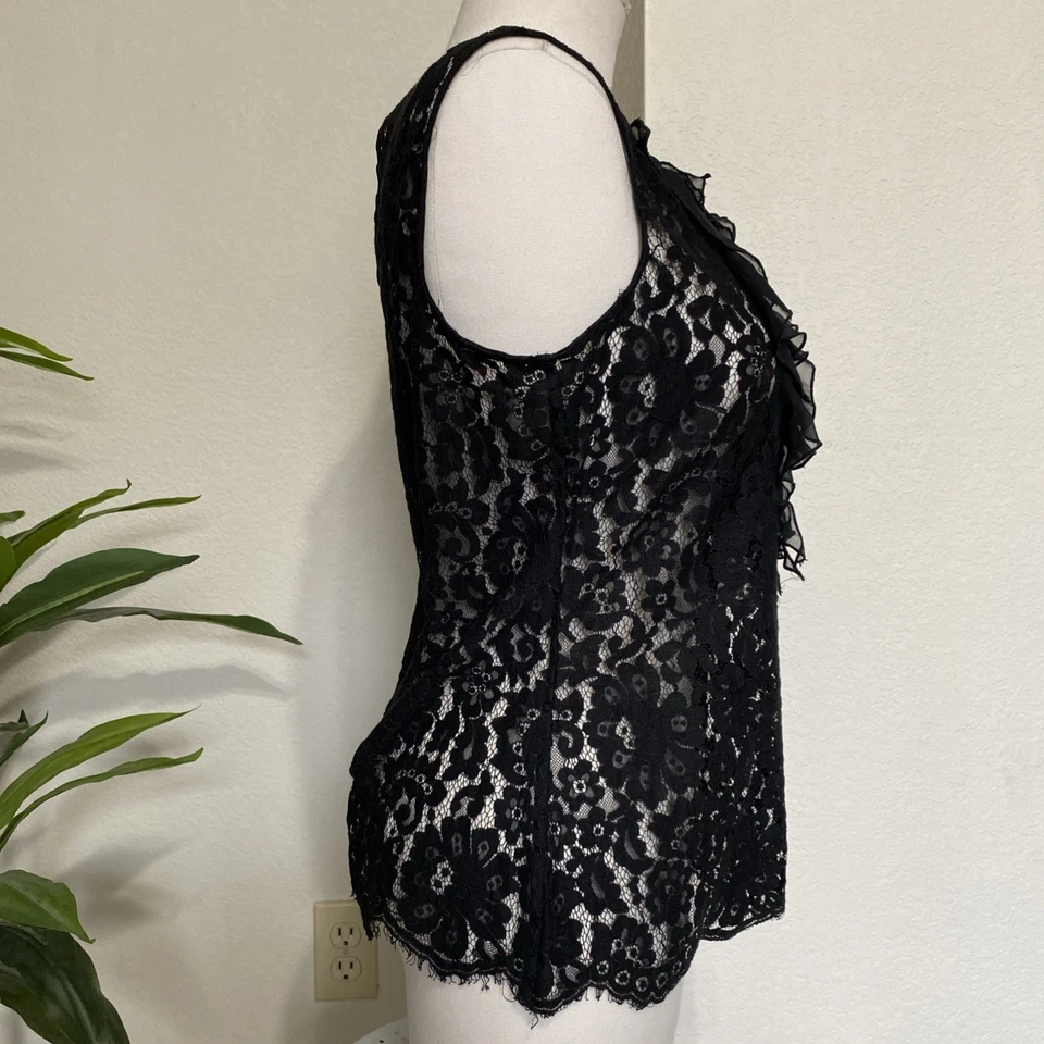 ECI NY Sheer Floral Black Lace Top Sz M 10 Sleeveless Ruffle Victorian Romantic - Image 3 of 4