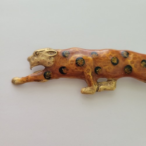 Vintage Metal Leopard Cheetah Brooch MCM PIN Enamel Gold Tone 3.5" long - Picture 2 of 5