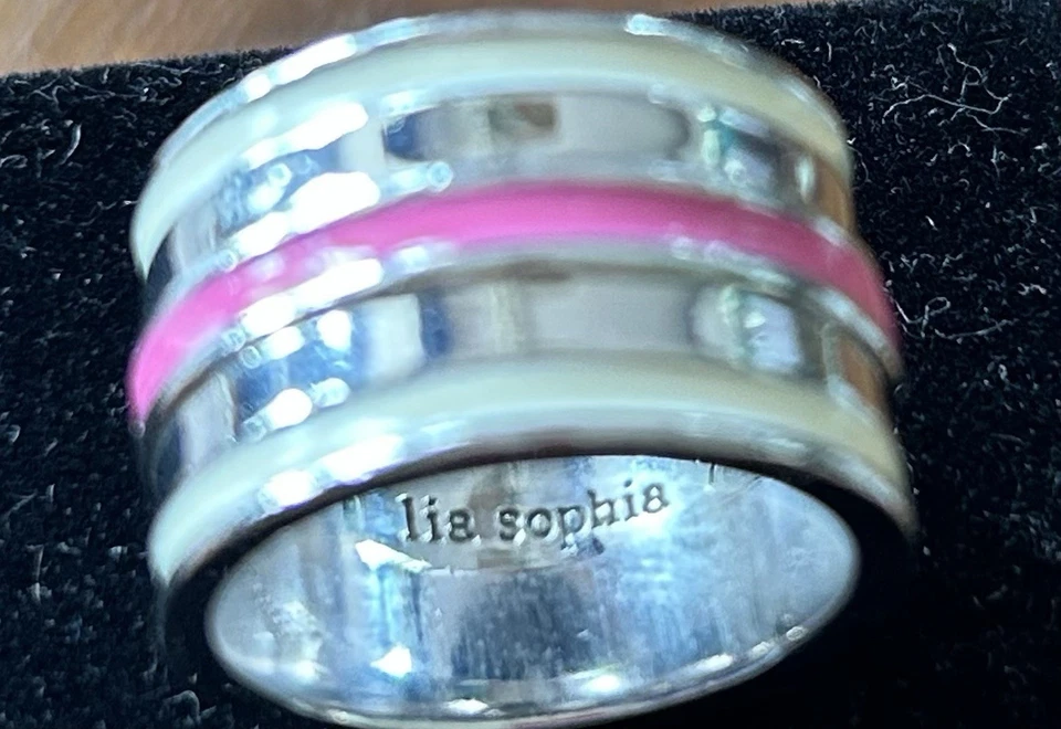 Lia Sophia Pink And White Striped Enamel Band On Silver Size 7-7.5 - Image 2 of 2