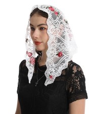 Women Catholic Veils with Clip: Rose Floral Embroidered Lace Mantilla Chapel ...