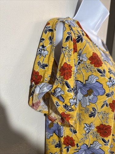 LOFT Women's Sz L Yellow Floral Cold Shoulder Blouse T Shirt 100% Cotton - Picture 4 of 7