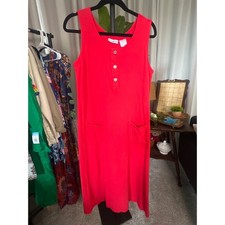 White Stag Womens Red 100% Cotton Pique Sleeveless Henley Midi Dress Pockets L