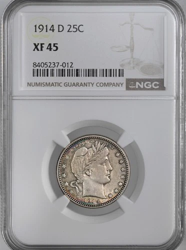 1914-D  25C  BARBER SILVER QUARTER DENVER  NGC XF45  #8405237-012  PRETTY TONING