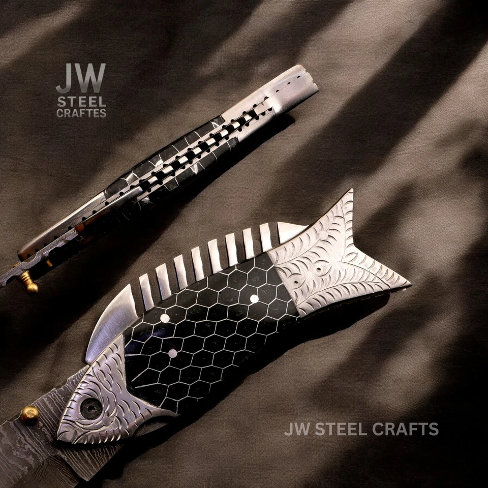 Cuchillo de pescado plegable Damasco hecho a mano - mango grabado, cuchillo de bolsillo EDC Foto 2 de 4