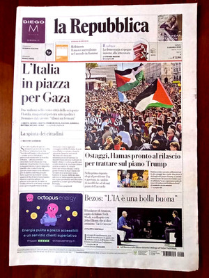 LA REPUBBLICA-4 Ottobre 2025-L'ITALIA IN PIAZZA PER GAZA-NUOVO