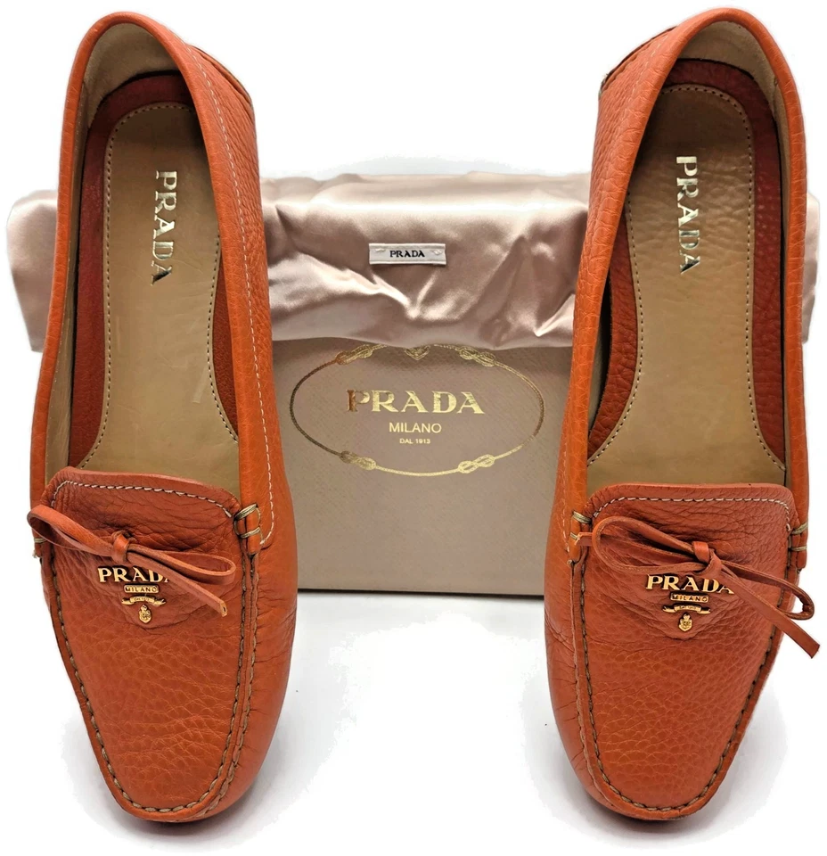 Mocasines Prada Naranja Papaya Cuero Guijarro Sin Cordones Planos para Conducir para Mujer Talla 39 Foto 2 de 4