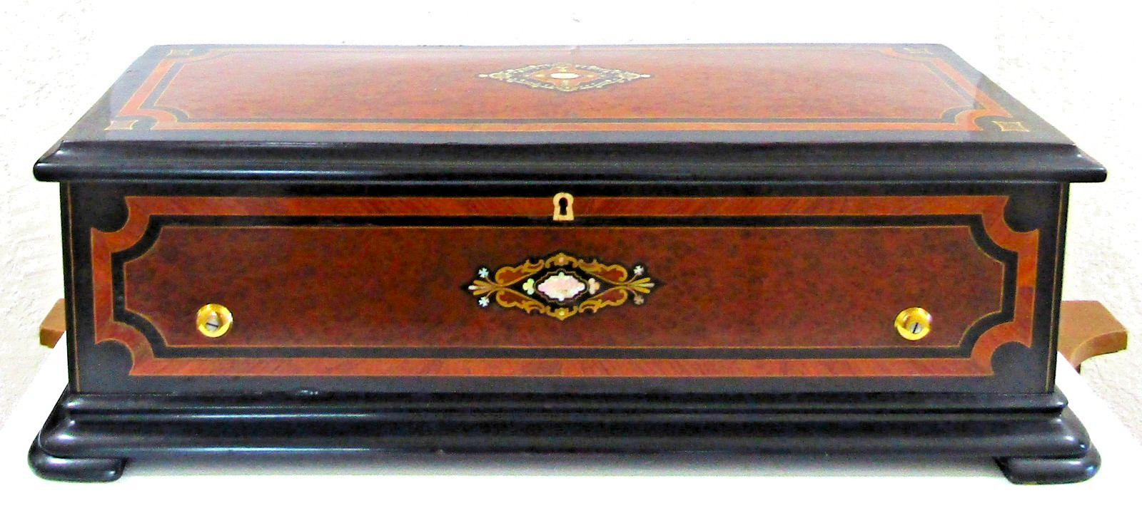 Swiss Ebonized Wood Trim Burl Walnut and Maple Inlaid Music Cylinder Box 1890s