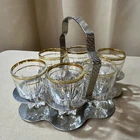 Vintage MCM Barware Set 6 Federal Glass Park Ave Shot Glasses w/ Chrome Holder