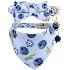 Faygarsle 2 Pack Blueberry Pattern Cat Collar Set with Bandana and Bow Tie, L...