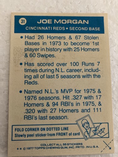 1977 Topps Cloth Sticker Joe Morgan FREE SHIPPING - Picture 2 of 2