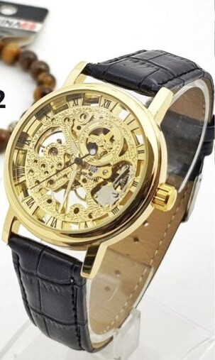 x Orologio Polso ZCC 003 Uomo Automatico Cinturino Pelle Casual Nero Dorato lac