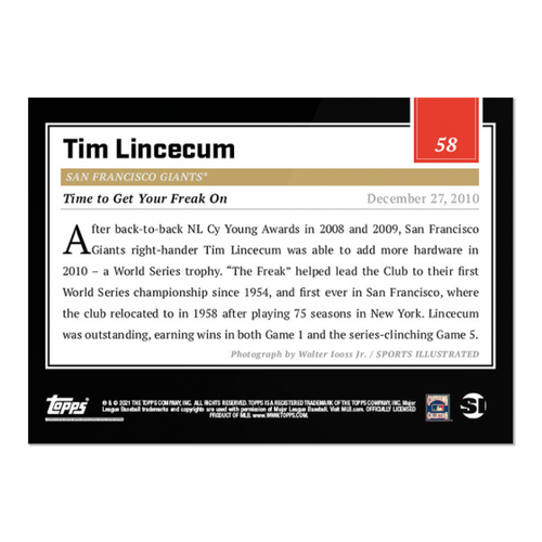 2021 TOPPS X SPORTS ILLUSTRATED #58 TIM LINCECUM - TIME TO GET YOUR FREAK ON - Bild 2 von 2