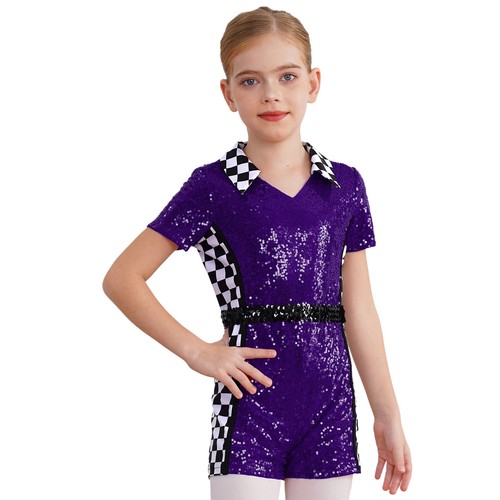 Girls Bodysuit Dress Up Racer Costume Uniform Jumpsuit Short Sleeve Unitard - Picture 42 of 85