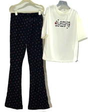 Art Class Girl 2 Piece Set Sleepwear Size M(8) Top White-Pants Black W/. flowers