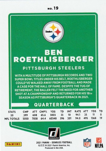 2021 Donruss Football Ben Roethlisberger #19 Steelers - Picture 2 of 2