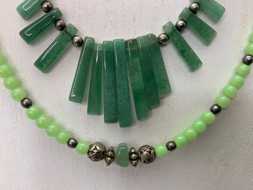 Vintage Necklace Jade Sliver-tone Beads Glass Beads Green Double Strand - Picture 7 of 8