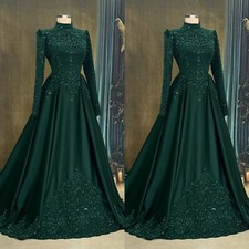 Green Muslim Wedding Dresses High Neck Long Sleeves Beaded Satin Bridal Gowns