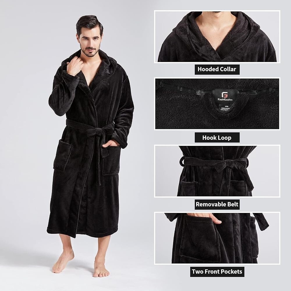 Mens Hooded Robe Plush Shawl Collar Kimono Bathrobe Soft Warm eBay