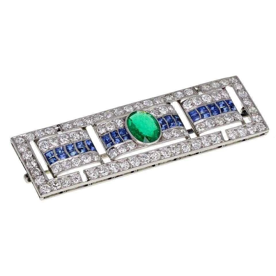 Broche prendedor de plata de ley 925 Art Deco esmeralda, zafiro y circonita cúbica corte ovalado de 2,05 quilates Foto 2 de 3