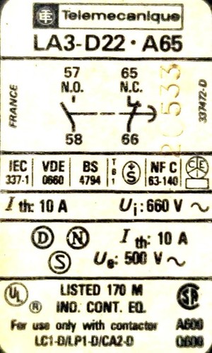 Telemecanique LA3-D22-A65 Time Delay Module Ith 10A Ui 660V Ue 500V - Picture 2 of 3