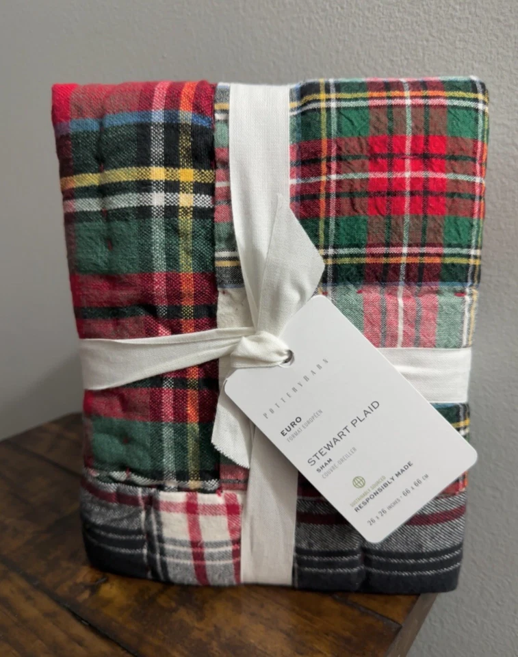Pottery Barn Euro Sham Stewart Patchwork Navidad Acolchado Kilt 26x26 NUEVO Foto 4 de 4