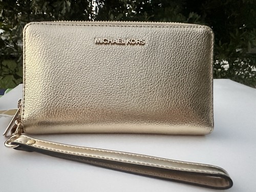 Michael Kors Jet Set Travel Wallet Zip Around Phone Case Pale Gold Wristlet - Picture 12 of 12
