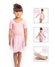 BALLET SET - Girls Pink Short Sleeved Leotard, Skirt & Leather Ballet Shoes NEW
