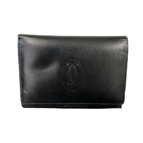 Vintage Cartier Black Leather Bi-Fold Wallet w/ Coin Pouch Mens - Zdjęcie 1 z 7