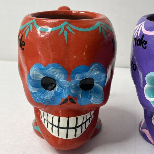 2 Sugar Skull Hand Painted Ceramic Halloween Day of the Dead His & Hers Mugs - Picture 2 of 11