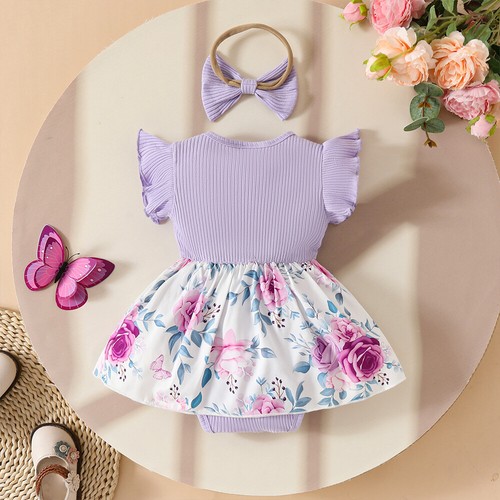 Newborn Baby Girls Ribbed Floral Sleeveless Romper Dress Headband Sets Outfits - Picture 10 of 15