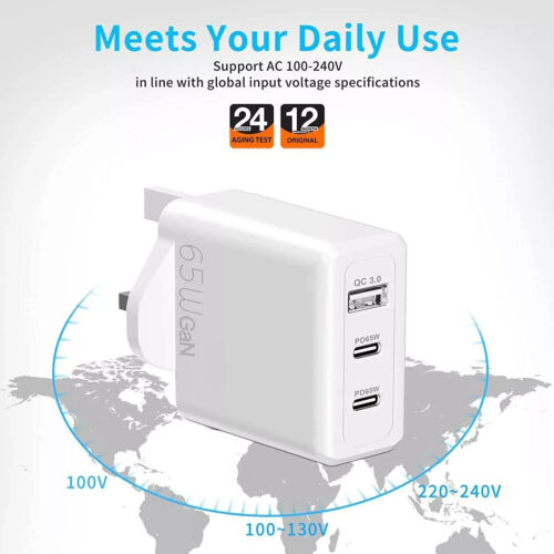 For Apple iPhone iPad Samsung Google Fast Charging 65W USB A + C PD Plug Charger - Picture 3 of 4