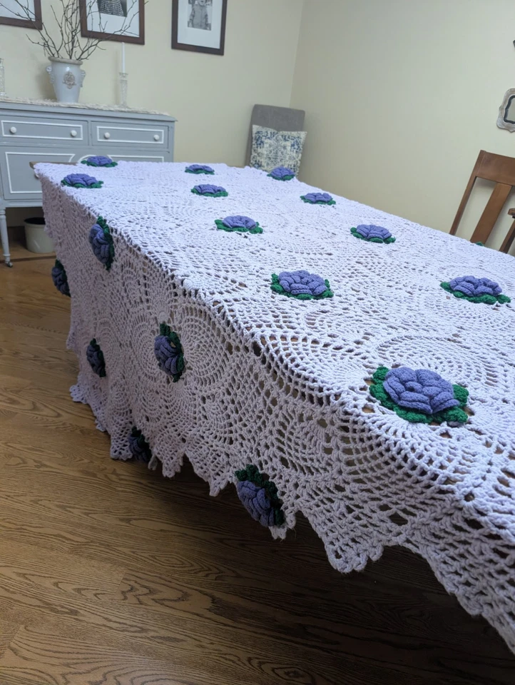 IMPRESIONANTE Manta Afgana Grande Flores Púrpura Lavanda 3D Crochet Foto 4 de 4