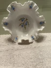 VTG.Fenton White Ruffed Hobnail Milk Glass Hand Painted Bluebells.2”long. 5.5 “w