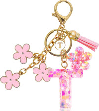 Resin Alphabet Initial Letter Keychain Tassel Flower Pendant Key Ring for Purse