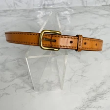 Vtg Brown 1" Thin Genuine Leather Belt Solid Brass Buckle Size 33 8307-0886