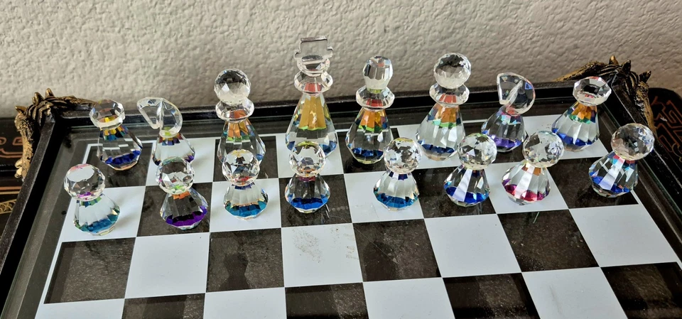 Crystal Cut Glass Chess Set 3" King 17" Dragon Custom Fit Storage Board Rare HTF - Image 2 of 4