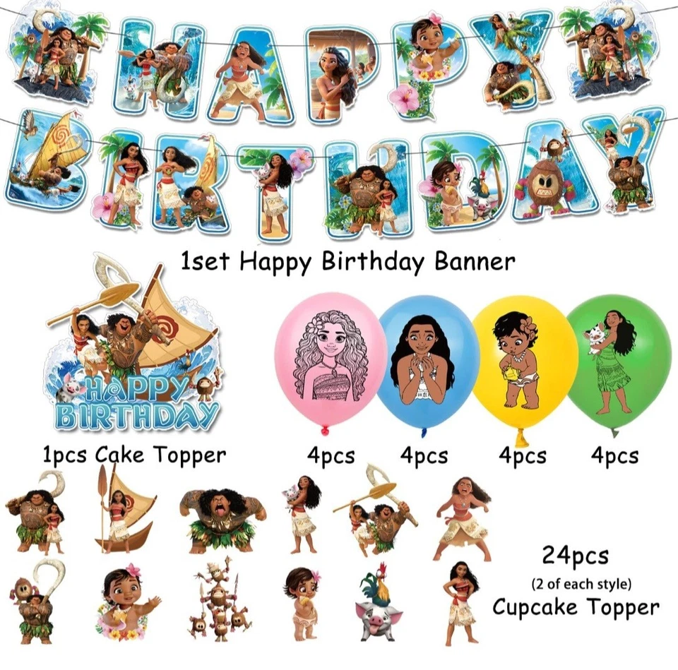 Decorações de festa de aniversário Moana, incluem banner de aniversário, balões, enfeites de bolo - Imagem 2 de 4