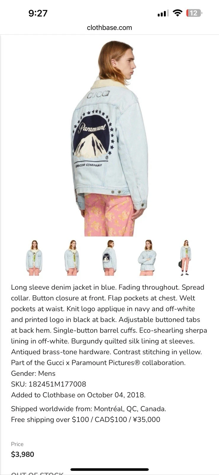 Giacca Gucci Paramount in finto shearling denim. 48 M. $3980