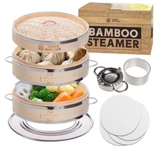 Dumpling Bamboo Steamer 10in 2 Tier Wooden Basket With Handle