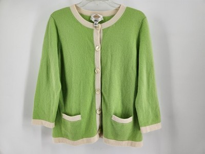 Talbots Pure 100% Cashmere Button Up Cardigan Sweater Neon Green/ Cream  Medium 