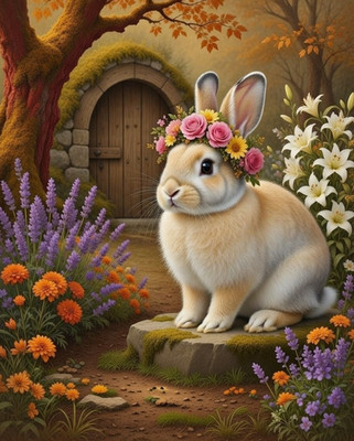 8x10 Cozy Storybook Rabbit Sitting Art Print - 004 +FREE PRINT 
