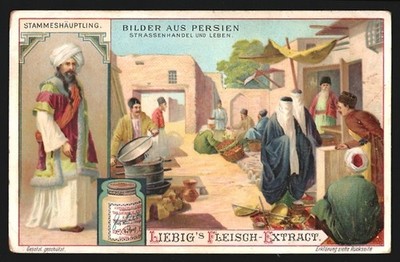 Collectible picture Liebig, Persia, tribal chief, street trade 