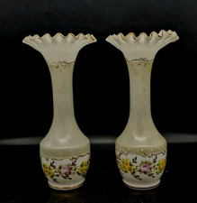 2 Antq Consolidated Glass Taupe CHARLETON Yellow & Pink Roses Vases 11x5  EXLNT