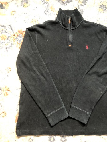 Polo Ralph Lauren Pullover Sweater Mens Large Black Quarter Zip Red Pony Cotton - Picture 3 of 10