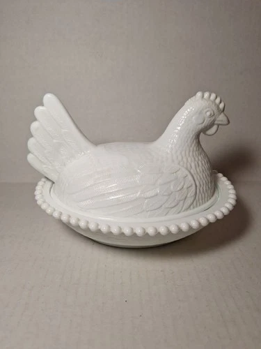 Vintage Indiana White Milk Glass Hen on Nest Covered Bowl