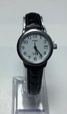 Timex Indiglo Easy Reader Watch Silver White Black Leather Date WR New Battery