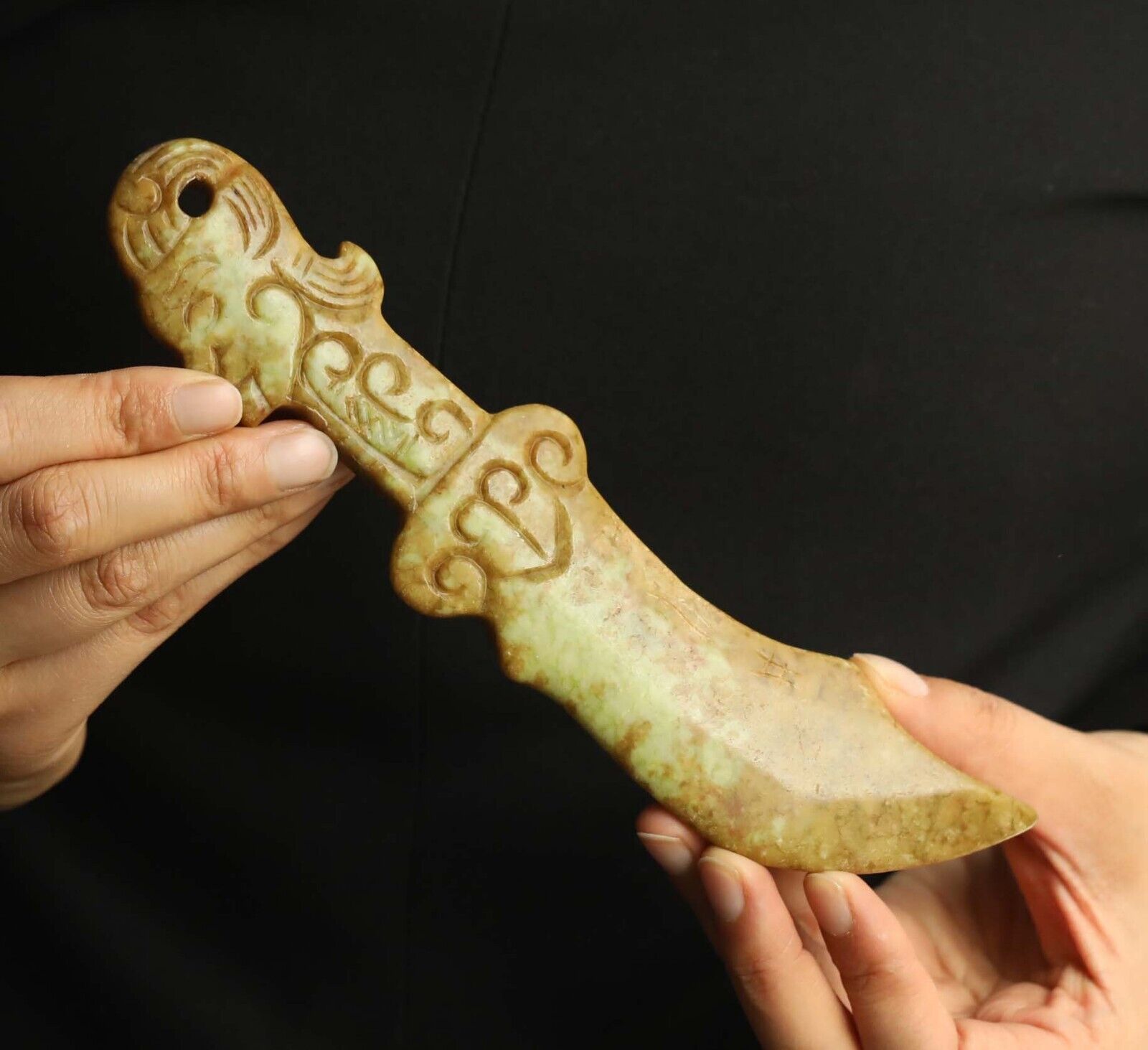 Old natural jade hand-carved statue of man sword